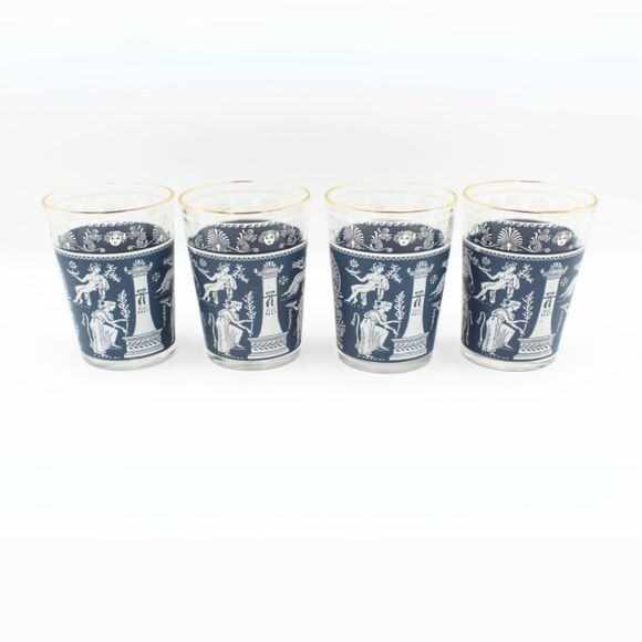 Vintage Set of 4 Jeannette Highball Glasses Corinthian Blue Greek Style Design - Picture 4 of 6